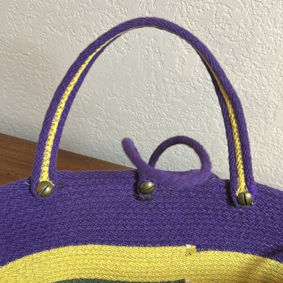 Unique Woven Rope Jute Bucket Floral Embroidered Purple and Green Handbag - Picture 8 of 16